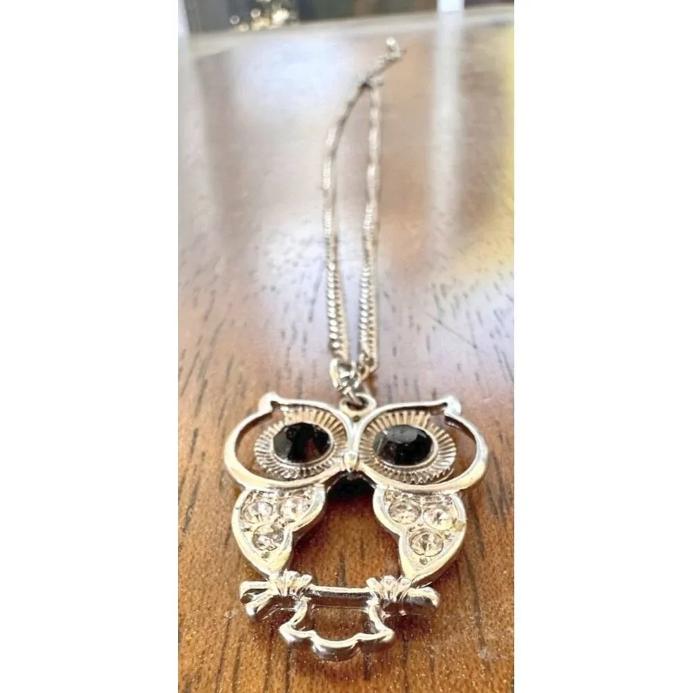 Vintage Owl Necklace Pendant 18 in Chain Extender Black Crystal Eyes Accents EUC